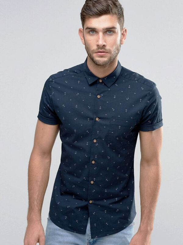 Fitted Style Dark Blue Half Sleeves Shirt With Dots