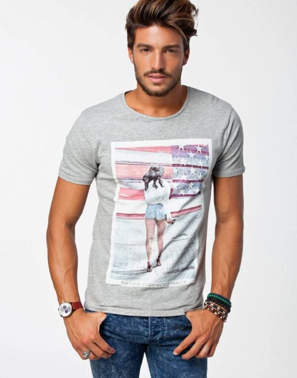 Men's Light Gray T Shirt With American Flag Design