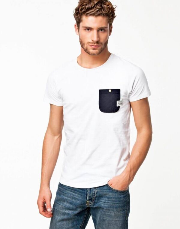 Men's Unique Style White T Shirt With Black Pocket