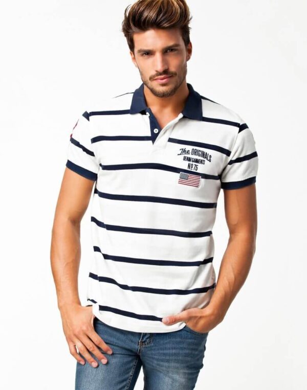 A Classic Style White Color With Blue Lines Polo T Shirt