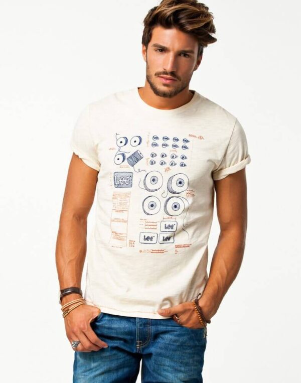 Fitted Style White With Multicolor Designed Round Neck T Shirt
